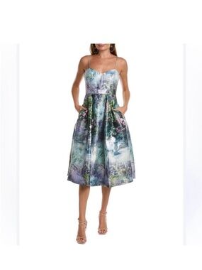 Monique Lhuillier Multicolor Floral Watercolor Midi Dress